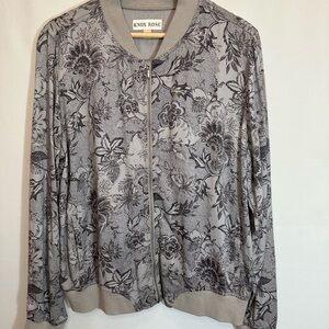 Knox Rose Womens Jacket Lightweight Bomber L Floral Front Zipper Pockets Gray